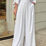 Nadorine Women's Deep V Long Bat Sleeve Casual Jumpsuit High Waist Wide Leg Trousers Cute Rompers