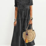 Vintage Denim Dress Short Sleeve Turn Down Collar Pockets Button Up Shift Summer Long Loose Dress