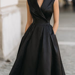 Vintage-Inspired Satin Fit-and-Flare Midi Dress With Sculpted Shawl Collar