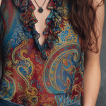 Vintage Ruffle Neck Paisley Chiffon Tank Top