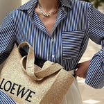 Striped Print Ruffled Long Sleeve Pockets Loose Shirt