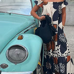 Loose Short Sleeves Flower Print Split-Joint Off-The-Shoulder Maxi Dresses
