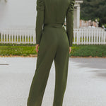 Loose V Neck Jumpsuit Long Sleeve Waist Belted Long Sleeve Wide Leg Playsuit