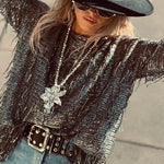 Party Crasher Sequin Tassle Fabric Long Sleeve Loose Top