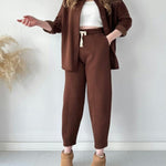 Simple Casual Two-Piece Set with Fleece Inside Lapel-Neck Shirt+Wide-leg Pants