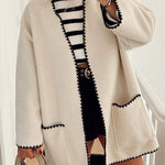 British Style Elegant Solid Pocket Contrast V Neck Outerwear