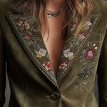 Olive Green Velvet Blazer With Intricate Floral Embroidery