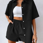 Nadorine Women's Casual Two-Piece Short Sleeve Lapel Cardigan Top and Shorts Loungewear Sets