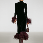 Women's Minimalist Velvet Patchwork Faux Ostrich Feather Cuffs And Hem Maxi Dress
