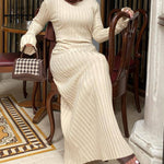 Long Sleeve Dress Crew-Neck Knit Maxi Dress Ribbed Elegant Long High Waist Pleated Dresses