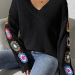 Black Crochet Flower Splicing V-Neck Pullover Sweater