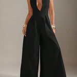 Sleeveless Wide Leg Pleated Solid Color Split-Joint Zipper Round-Neck Jumpsuits