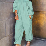Nadorine Women's Casual Solid Cold Shoulder Long Sleeve Jumpsuit Loong Plus Size Pocket Rompers Overlay Suit