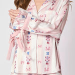 Unique Printed Loose Pocket Bow Tie Top and Elastic Waist Ruffled Shorts Set