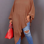 Loose See-Through Long Sleeves Asymmetric Solid Color High-Neck T-Shirts Tops