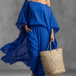 Women's Royal Blue Sheer Chiffon Jumpsuit With Off-the-Shoulder & Batwing Sleeves, Timeless Romantic-Boho Style Jumpsuit