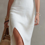 Vintage Halter-neck Split Hem Cotton Linen Midi Dress