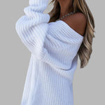 Loose Mid-length Off-shoulder V-neck Slit Knitted Sweater