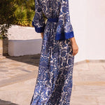 Greek Island Satin Unique Floral Print Tassel Belted Wrap Maxi Dress