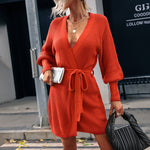 Lantern Sleeve Belted Sweater Dress