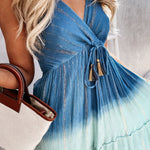 Tie Dye Sleeveless Long Dress Flowy Boho Maxi Sundress Spaghetti V Neck Dress with Belt
