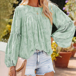 Nadorine Long Bell Sleeve Blouses Crewneck Floral Lace Textured Babydoll Shirts Tops
