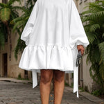 Long Sleeves Loose Falbala Solid Color Stand Collar Mini Dresses