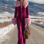Fashion Retro Rose Red Velvet Faux Fur Collar Long Sleeve Flared Jumpsuit