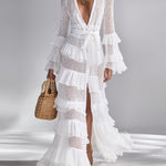 Women's Crisp White Crochet Knit Cardigan With Deep V-Neck & Layered Ruffles, Timeless Bohemian-Glam Style Cardigan