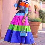 Loose Three-Quarter Sleeves Buttoned Contrast Color Striped Lapel Collar Midi Dresses