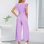 Nadorine Women's Casual Loose Jumpsuit V Neck Sleeveless Solid Ruffle Pleated Wide-leg Long Playsuit with Belt