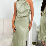 Long Formal Satin Dress Mock Neck High Neck Evening Dress