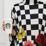 Loose Three-Quarter Sleeves Flower Print Plaid Mock Neck Blouses&Shirts Tops