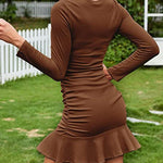 Knit Ruched Long Sleeve Ruffle Bodycon Dress Club Date Night Cocktail Party Dresses
