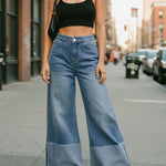 High Waisted Wide Leg Contrast Color Pockets Jean Pants Bottoms