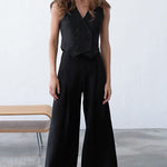 Solid Color Two-Piece Set Casual Black Sleeveless Crop Vest Long Straight Pants Suits