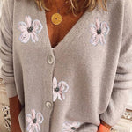 Ladies Long Sleeve Cardigan Embroidered V-Neck Knit Sweater