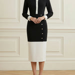High Waisted Long Sleeves Buttoned Contrast Color Split-Front Split-Joint Lapel Midi Dresses