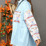 Frayed Denim Jacket Vintage Boho Tribal Button Down Patchwork Shirt Shacket