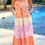 Orange Knotted Straps Leopard Colorblock Tiered Dress