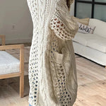 Knit Cable Cotout Long Sleeve Pocket Oversized Midi Cardigan
