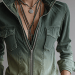 Casual Green Gradient Workwear Pocket Denim Zip-Up Blouse