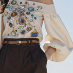 Long Sleeves Puff Sleeves Printed Off-The-Shoulder Blouses&Shirts Tops