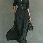 Elegant Pleated Lapel Waisted Long-sleeved Maxi Dress