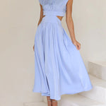 Cap Sleeve Belly-Hollow Pleated Solid Color Stand Collar Maxi Dresses
