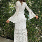 Luxe Lifestyle Lace Square Neck Bell Sleeve Lined Slit Midi Dress