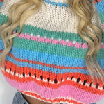 Rainbow Mood Multicolor Round Neck Hollow Long Sleeve Knitted Sweater