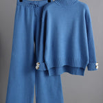 Urban Long Sleeves Solid Color Half Turtleneck Sweater Tops & Wide Leg Pants Two Pieces Set