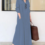 Nadorine Women's Beach Casual Solid Color Loose Temperament Long Shirt Dress