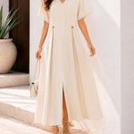 Women's Elegant V Neck Maxi Dress Casual Batwing Sleeve Pleated Long Dress Front Slit Shirred Vacation Dress